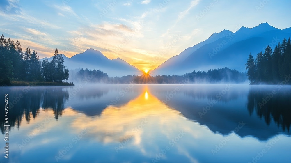 Fototapeta premium Serene lake at sunrise with misty mountains in the background, accord, nature's peace