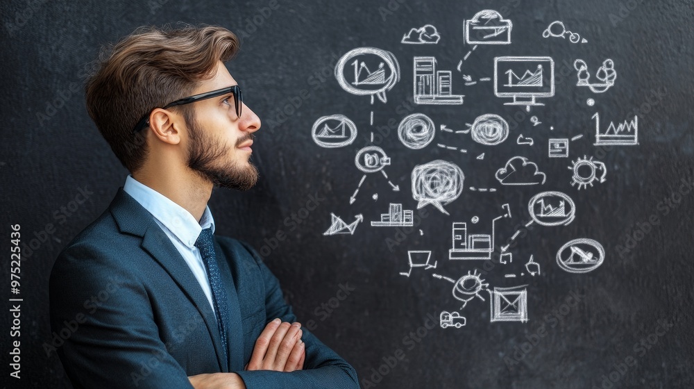 Side profile of a manager with thought bubbles depicting various career paths and decisions, symbolizing career planning and management Side profile of a manager with thought bubbles depicting various career paths and decisions, symbolizing career planning and management