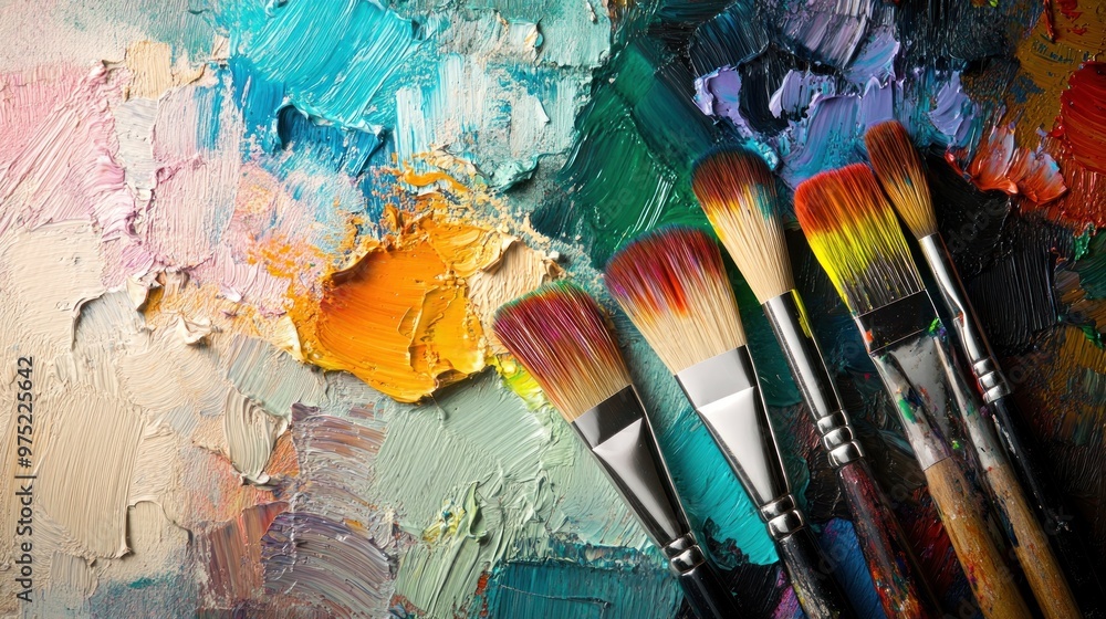 Fototapeta premium A collection of paintbrushes on a vibrant, textured palette of mixed colors.