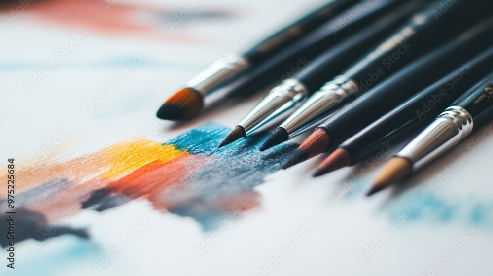 Fototapeta premium A close-up of paintbrushes arranged beside colorful paint strokes on paper.
