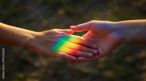 Two hands gently touching over a rainbow, unity, symbol of acceptance and diversity photo