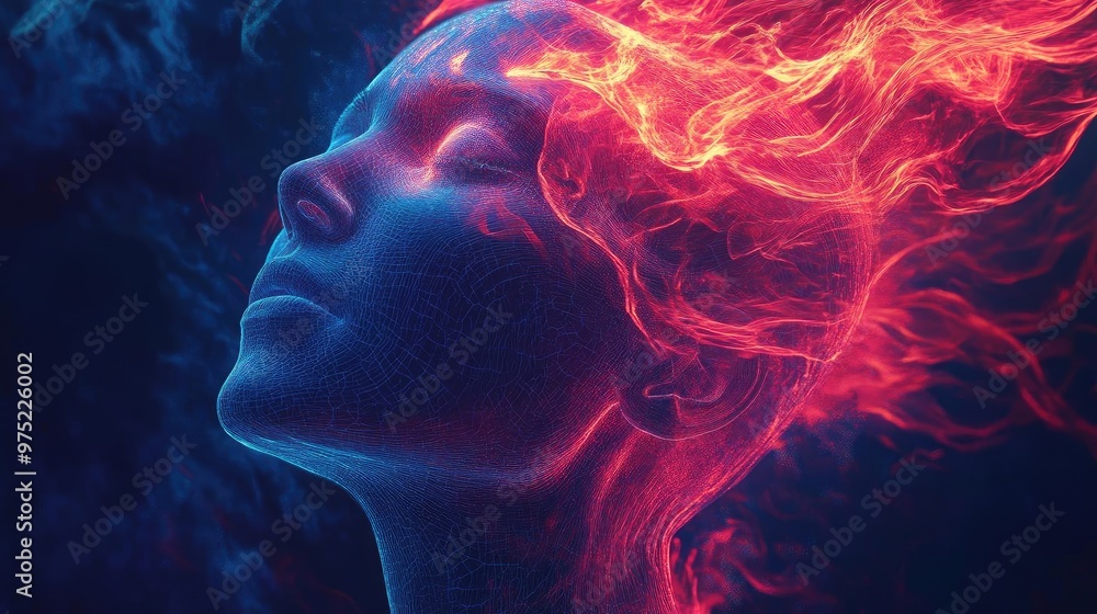 A mesmerizing portrait of a woman with vibrant, fiery energy radiating from her head, capturing the essence of creativity and passion. A mesmerizing portrait of a woman with vibrant, fiery energy radiating from her head, capturing the essence of creativity and passion.