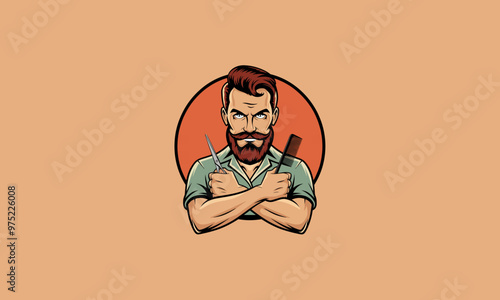 Bearded barber holding scissors and comb in a confident pose.