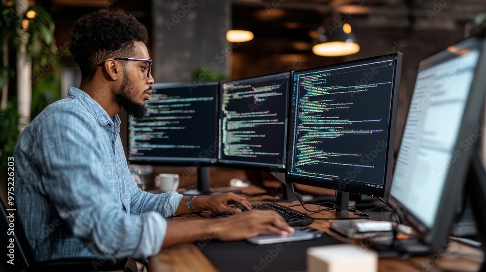 Young professional coding on multiple curved monitors with AI suggesting code improvements, work technology, AI-enhanced software development in career growth Young professional coding on multiple curved monitors with AI suggesting code improvements, work technology, AI-enhanced software development in career growth
