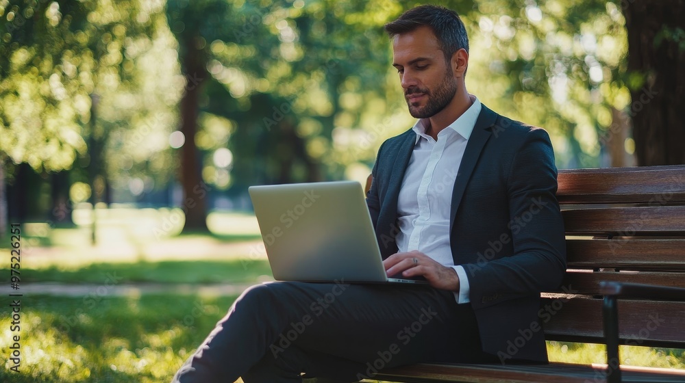 A businessman sitting on a park bench with a laptop, surrounded by nature, symbolizing a break from the hustle, Work-life balance, Nature and productivity A businessman sitting on a park bench with a laptop, surrounded by nature, symbolizing a break from the hustle, Work-life balance, Nature and productivity