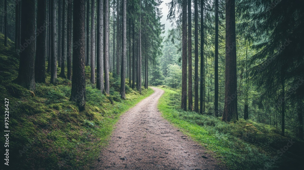 Fototapeta premium A serene forest path winding through tall trees, inviting exploration and tranquility.