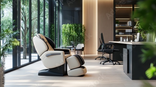 Obraz na płótnie A modern open-plan office featuring a wellness corner with a massage chair and relaxation guides, office wellness features, job wellness focus w salonie