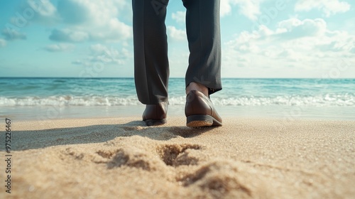 A person in a business suit with one foot in the office and another in the sand, symbolizing vacation balance, Work-life balance, Work and leisure
