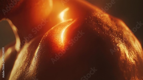 An artistic close-up of a muscular shoulder with glistening skin and warm light, highlighting texture and strength.