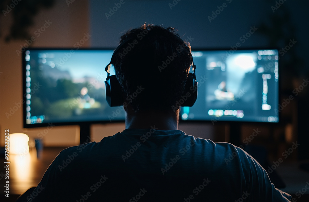 A streamer sits in front of multiple monitors, wearing a headset with a microphone A streamer sits in front of multiple monitors, wearing a headset with a microphone