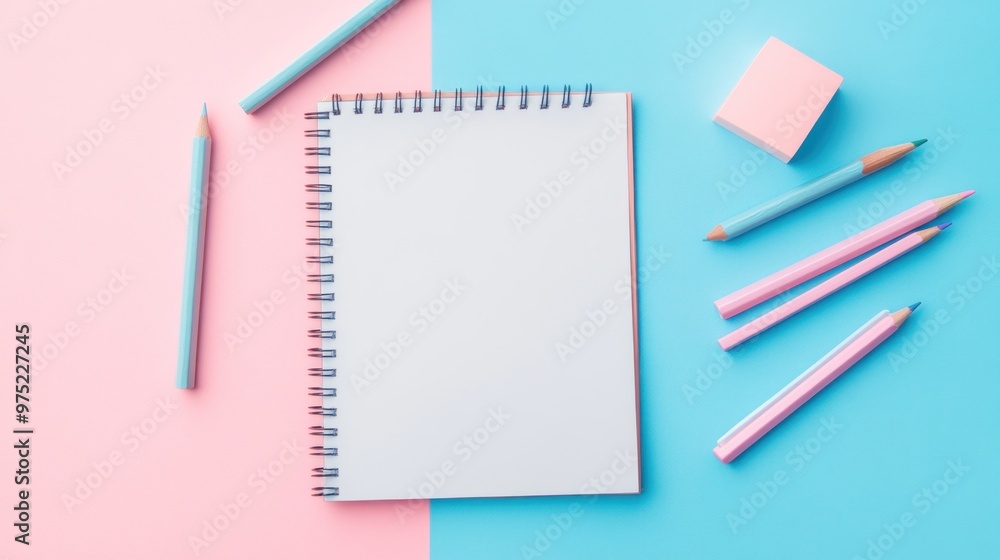A blank notebook surrounded by colored pencils on a pastel background for creative activities. A blank notebook surrounded by colored pencils on a pastel background for creative activities.