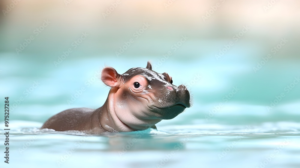 Fototapeta premium Playful Thai Hippo Calf (MooDang )Waddling Through Water - Joyful Moment with Curious 2-Month-Old Hippo Creating Splashes in Zoo Environment