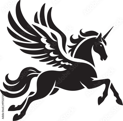 Black silhouette of jumping Pegasus vector, unicorn, flying pegasus vector silhouette, winged horse icon,