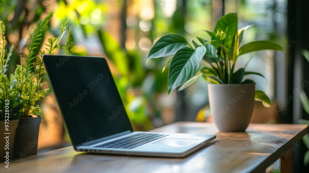 Balanced desk setup with a laptop on one side and a potted plant on the other, symbolizing career growth and personal well-being Balanced desk setup with a laptop on one side and a potted plant on the other, symbolizing career growth and personal well-being