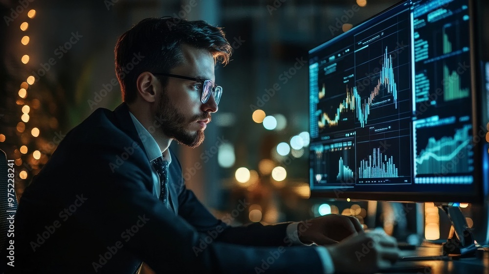 Business analyst working late in a sleek, dimly lit office, with complex charts and graphs on a large monitor, data analysis, critical office skills Business analyst working late in a sleek, dimly lit office, with complex charts and graphs on a large monitor, data analysis, critical office skills