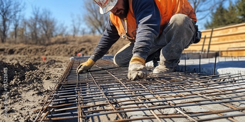 Construction worker placing rebar in concrete.