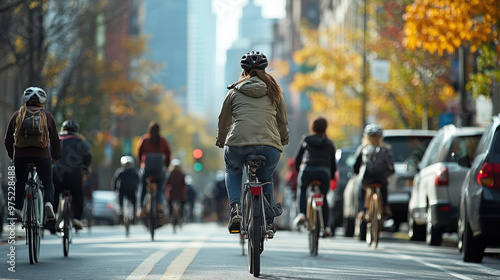 Wallpaper Mural Bicyclists commuting in an urban setting, surrounded by autumn foliage and city buildings, create vibrant scene of daily life. atmosphere is energetic and lively Torontodigital.ca