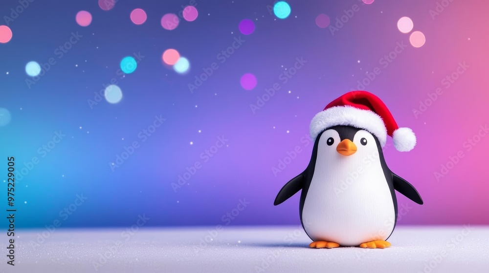 Cheerful penguin in a Santa hat standing against a colorful bokeh background, perfect for festive Christmas themes. Cheerful penguin in a Santa hat standing against a colorful bokeh background, perfect for festive Christmas themes.