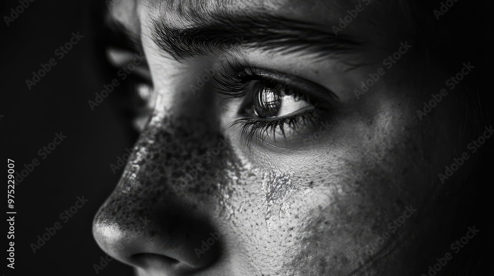 A striking close-up of a freckled face, capturing intense emotion and deep focus in black and white. A striking close-up of a freckled face, capturing intense emotion and deep focus in black and white.