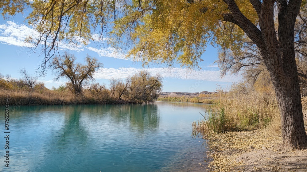 A serene riverside scene with autumn foliage and calm waters. A serene riverside scene with autumn foliage and calm waters.