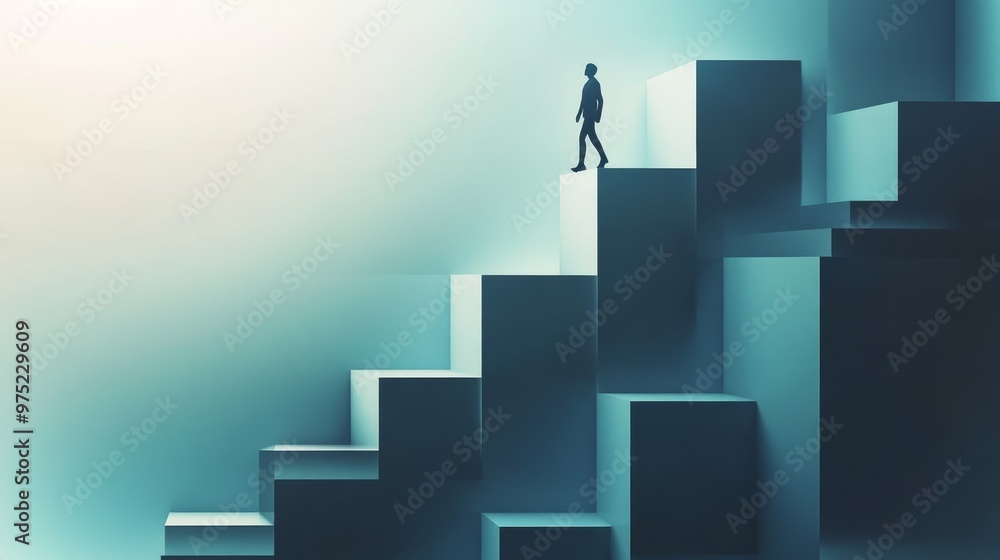 Creative representation of career steps as floating geometric shapes, with a figure climbing them, symbolizing non-linear career paths