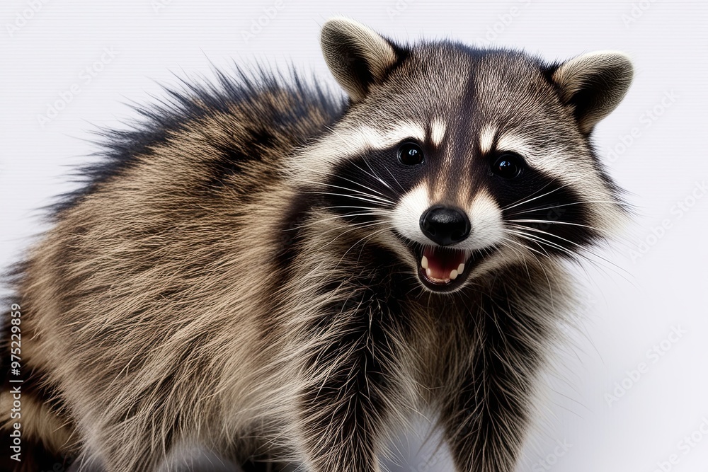 Cheerful Raccoon Grinning on White Canvas - Cute Wild Animal Display Cheerful Raccoon Grinning on White Canvas - Cute Wild Animal Display
