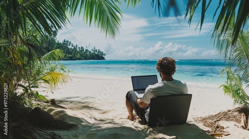 Digital nomad working on a laptop from a tropical beach, blending nature with technology, remote work lifestyle, concept: freedom through technology