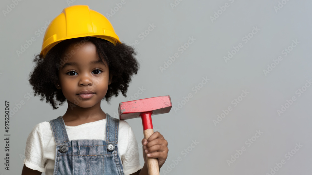 Afro little girl wearing helmet hard hat and overalls isolated on grey