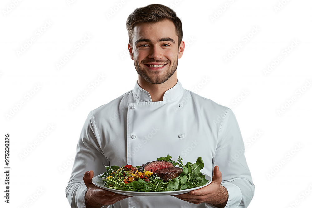 Young Chef Presenting Fresh Salad Creation. Young Chef Presenting Fresh Salad Creation.