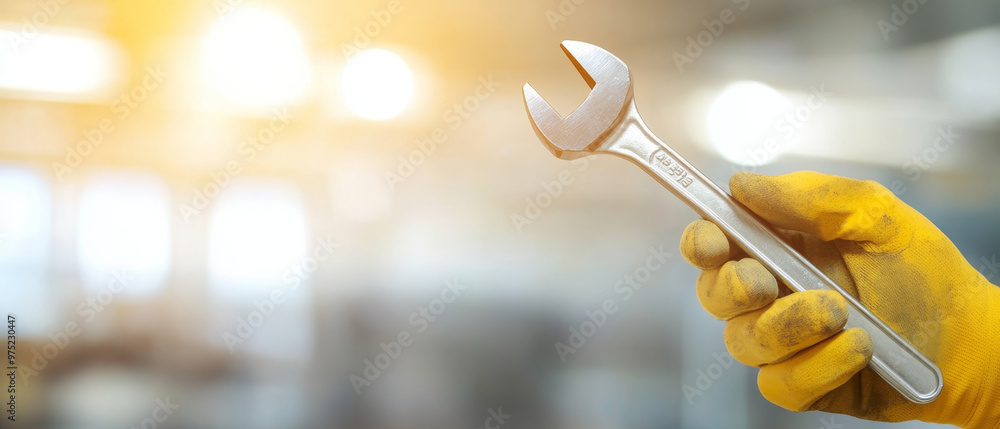 © Nakarin - A professional hand holds shiny wrench against blurred background, showcasing tools importance in mechanical work. warm light adds sense of focus and determination