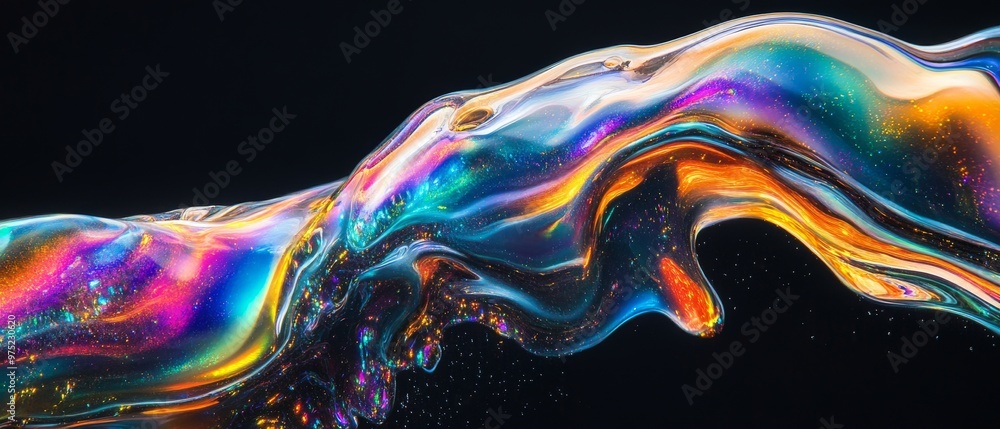 Obraz premium Large Stream of Molten Glass with Rainbow Metallic Sheen Flowing Across a Pitch-Black Background