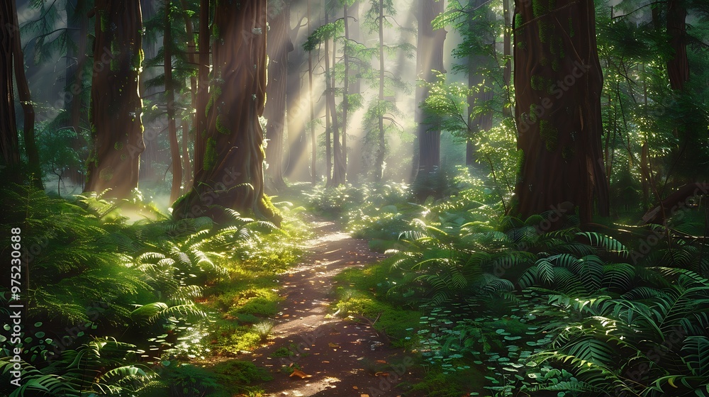 Sunbeam pierces through the dense canopy of a lush forest, illuminating the path that leads deeper into the woods. Sunbeam pierces through the dense canopy of a lush forest, illuminating the path that leads deeper into the woods.