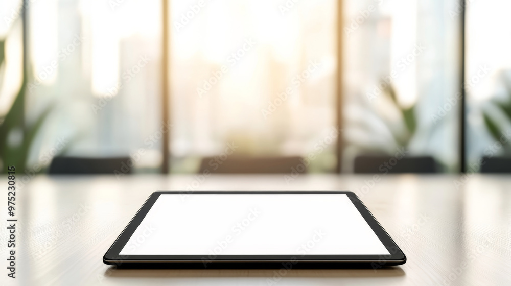 A modern corporate setting features sleek tablet on wooden table, illuminated by soft sunlight streaming through large windows. atmosphere is calm and professional, ideal for business discussions A modern corporate setting features sleek tablet on wooden table, illuminated by soft sunlight streaming through large windows. atmosphere is calm and professional, ideal for business discussions