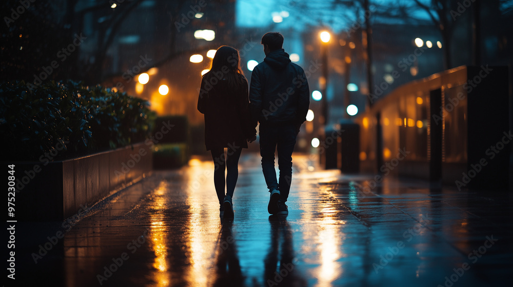Teen couple walking together at night on a quiet city street, romantic mood Teen couple walking together at night on a quiet city street, romantic mood