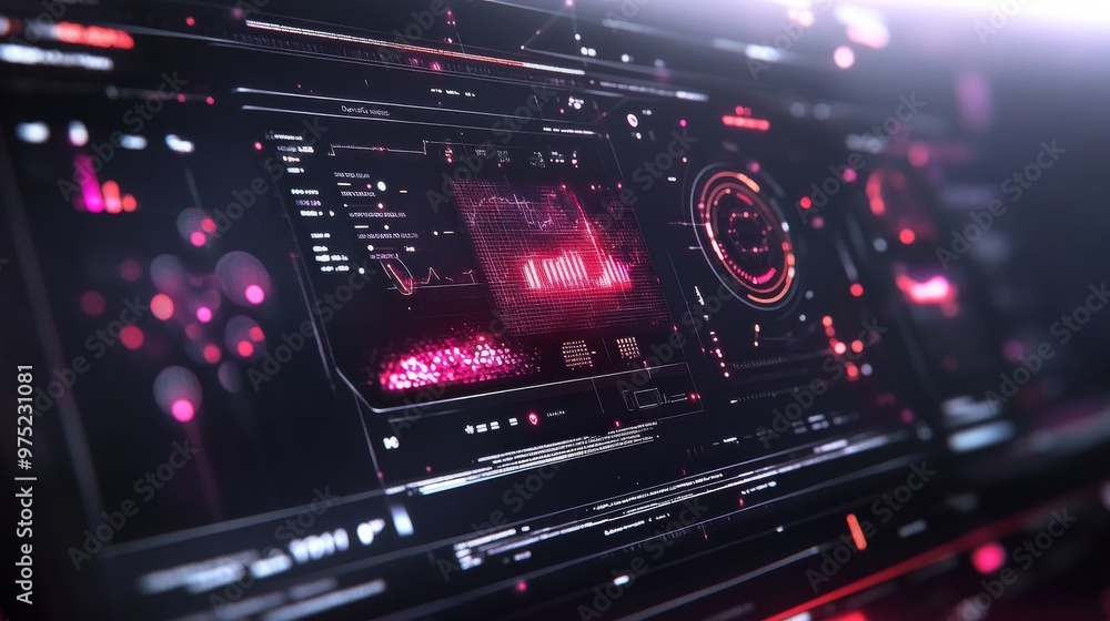 A sleek digital dashboard filled with data and predictions about futuristic trends, vibrant and high-tech A sleek digital dashboard filled with data and predictions about futuristic trends, vibrant and high-tech