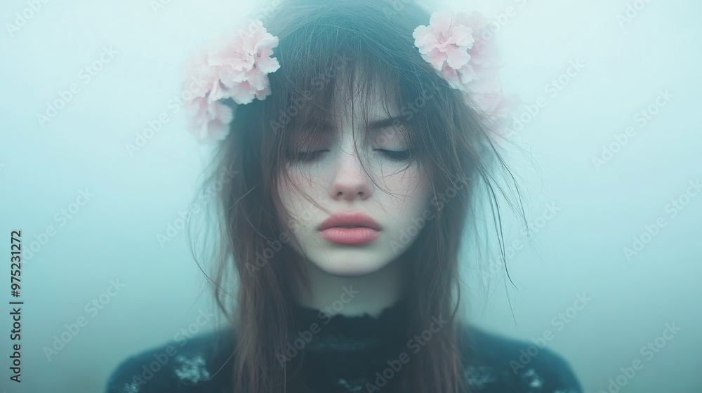 A dreamy woman with flowers in her hair, symbolizing calmness and introspection. A dreamy woman with flowers in her hair, symbolizing calmness and introspection.