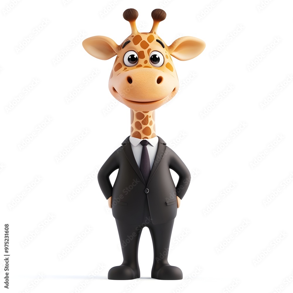 Obraz premium Sophisticated Giraffe Character in Formal Suit and Tie Posing Elegantly Against White Background