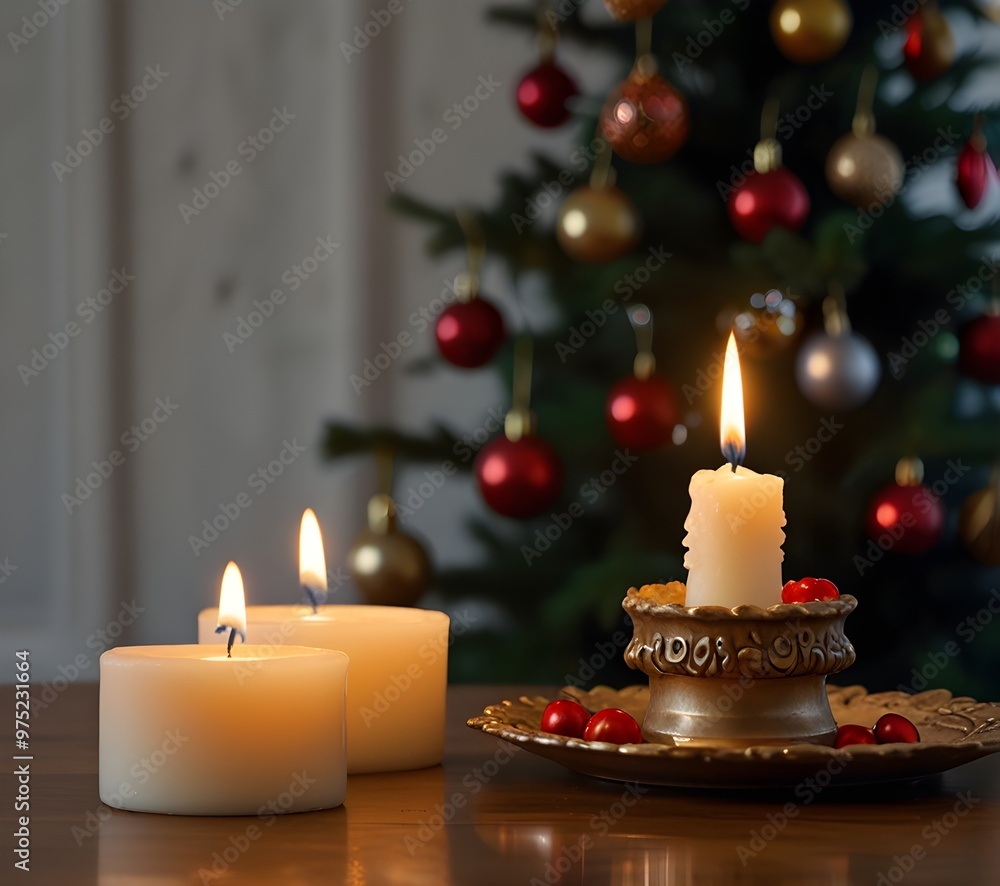 Four lit candles on table with Christmas tree in background Four lit candles on table with Christmas tree in background