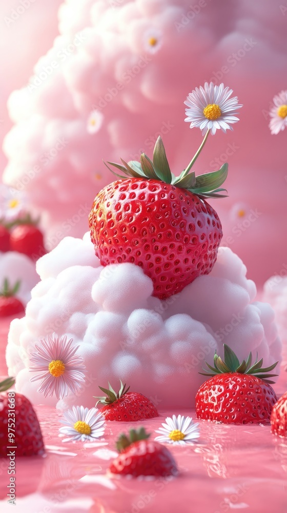 strawberry cloud and flowers, cute style, pink background, colorful elements strawberry cloud and flowers, cute style, pink background, colorful elements
