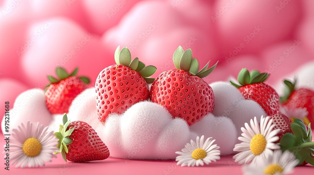 strawberry cloud and flowers, cute style, pink background, colorful elements strawberry cloud and flowers, cute style, pink background, colorful elements