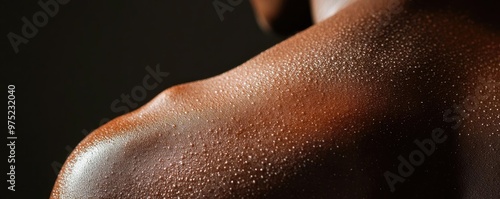 Close-up of a glistening shoulder, showcasing the beauty of skin texture and light reflection in a dramatic setting.