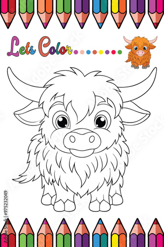 Highland Cow Coloring Page for Kids - Adorable Cartoon Animal Illustration"