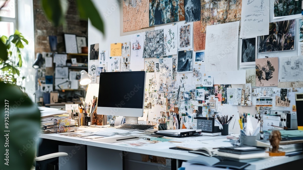 A stylish office with walls covered in mood boards and trendy designs, reflecting the creative process A stylish office with walls covered in mood boards and trendy designs, reflecting the creative process
