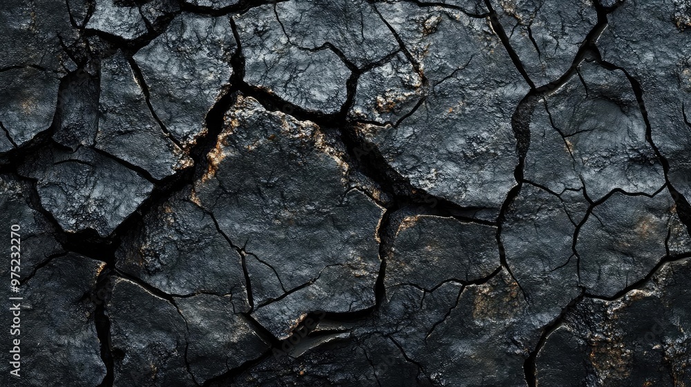 Fototapeta premium Close-up view of cracked black surface, showcasing textured patterns and details, ideal for backgrounds and design projects.