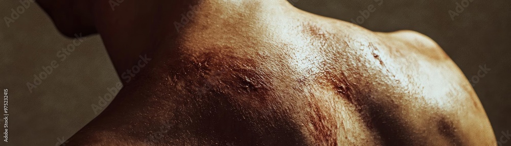 Fototapeta premium Close-up of a scarred shoulder showcasing the texture and resilience of skin after injury.