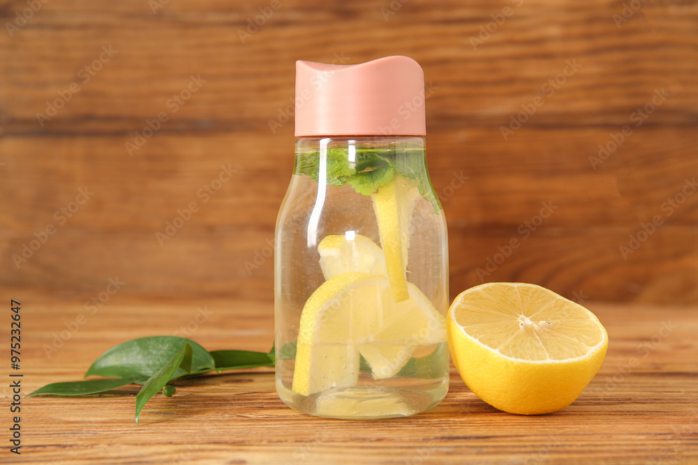 Sports bottle of infused water with lemon and mint on wooden background Sports bottle of infused water with lemon and mint on wooden background