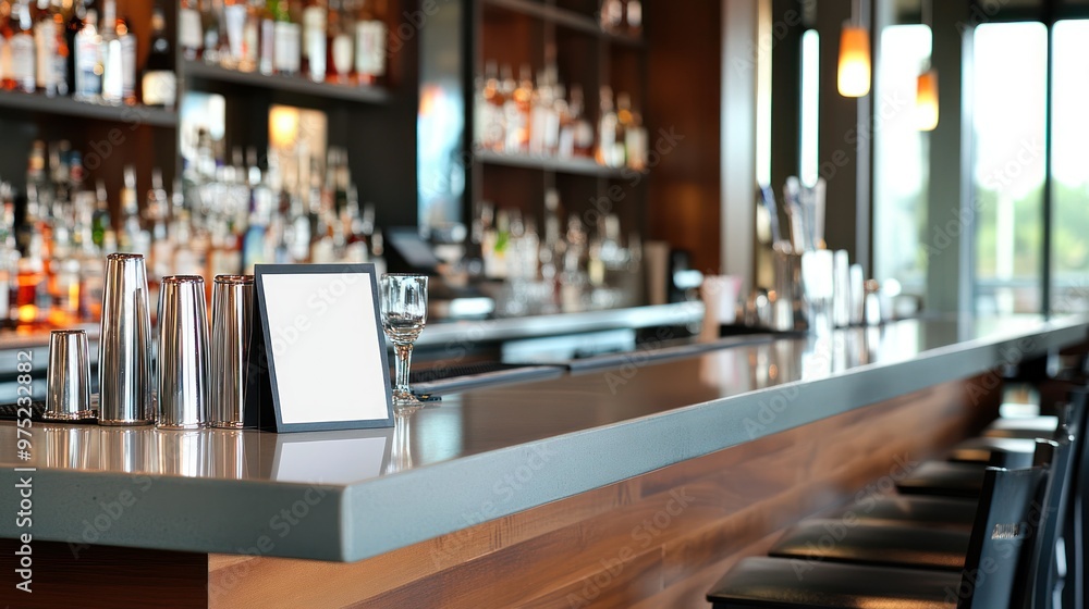 A modern bar interior showcasing a polished counter and an array of liquor bottles. A modern bar interior showcasing a polished counter and an array of liquor bottles.