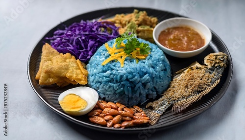 Delicious Blue Rice with Fried Fish, Egg, and Vegetables on a Black Plate photo