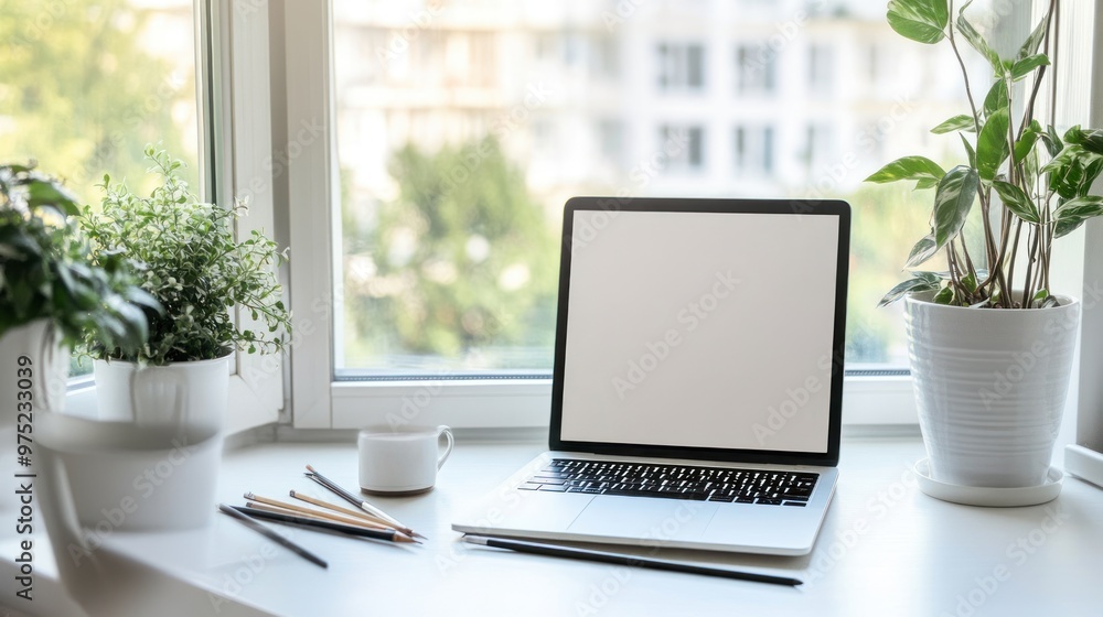 A serene workspace with a laptop, plants, and stationery by a window. A serene workspace with a laptop, plants, and stationery by a window.