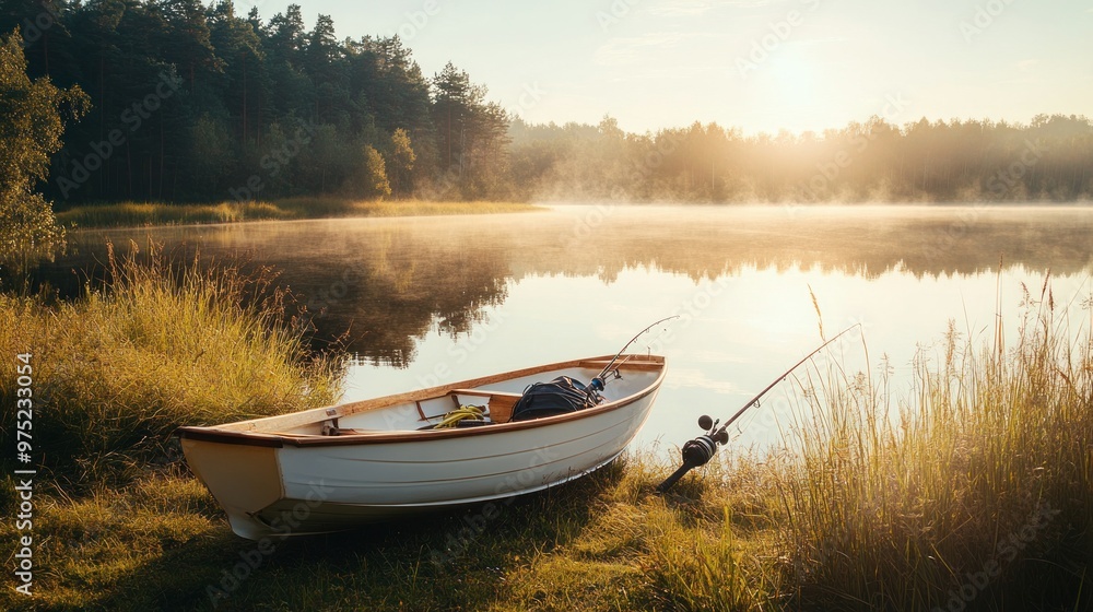 A serene lakeside scene with a boat, fishing rods, and misty morning light.